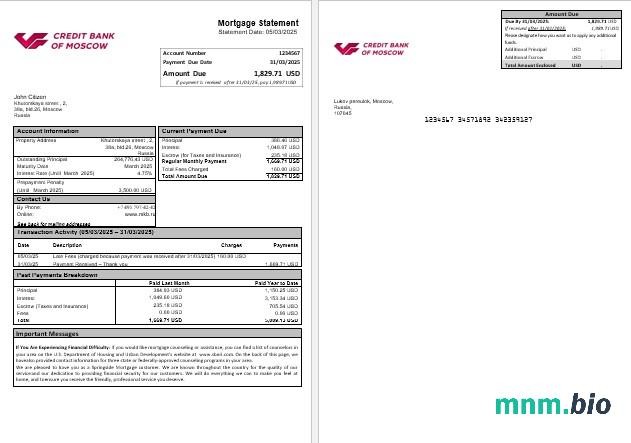 Rosja Credit Bank of Moscow wyciąg z kredytu hipotecznego w formatach Word i PDF